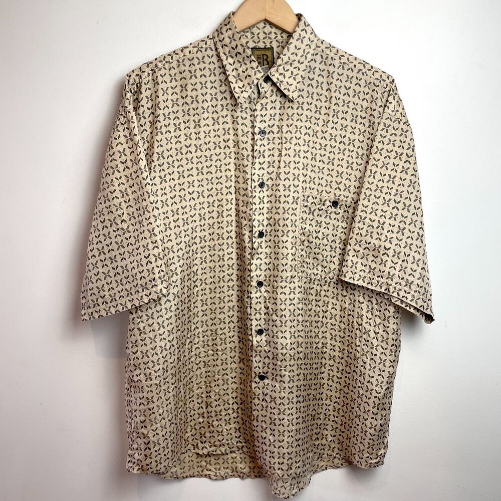 Vintage Bruno Silk Button Up Shirt‎ Medium Brown Neutral Geometric Lightweight